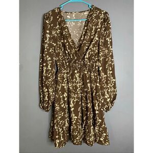 Hapsho Brown Floral Elastic Sleeve Dress Size Medium NWOT